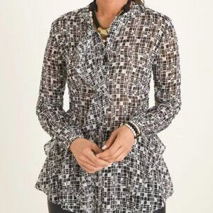Chicos Black & White Geometric Ruffle Blouse Size 1 (6/8/10) Sheer Lightweight L